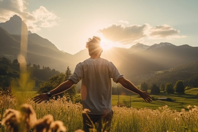 Themenbild Sabbatical: Mann läuft durch ein Feld. während ihm die Sonne ihm idyllisch über die Berggipfel ins Gesicht scheint.